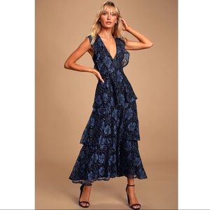 Lulus Molinetto Navy Blue Lace Ruffled Tiered Sleeveless Maxi Dress